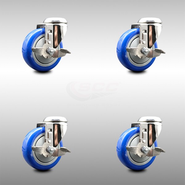 Service Caster 4 Inch 316SS Blue Polyurethane Wheel Swivel Bolt Hole Caster Set with Brake SCC SCC-SS316BH20S414-PPUB-BLUE-TLB-4 - main